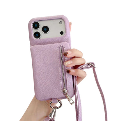 purple phone case with a strap held by a hand on a white background