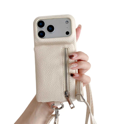 Beige phone case with zipper and strap held by a hand on a white background