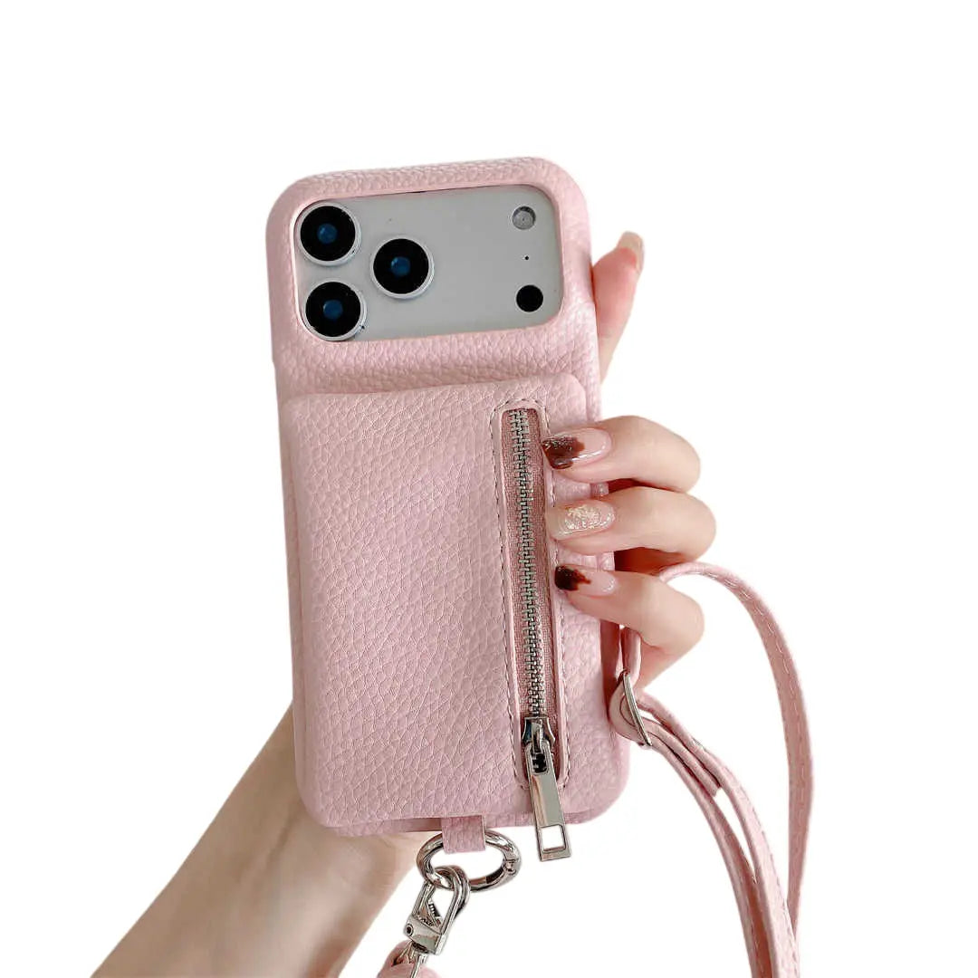 Pink phone case with a strap held by a hand on a white background