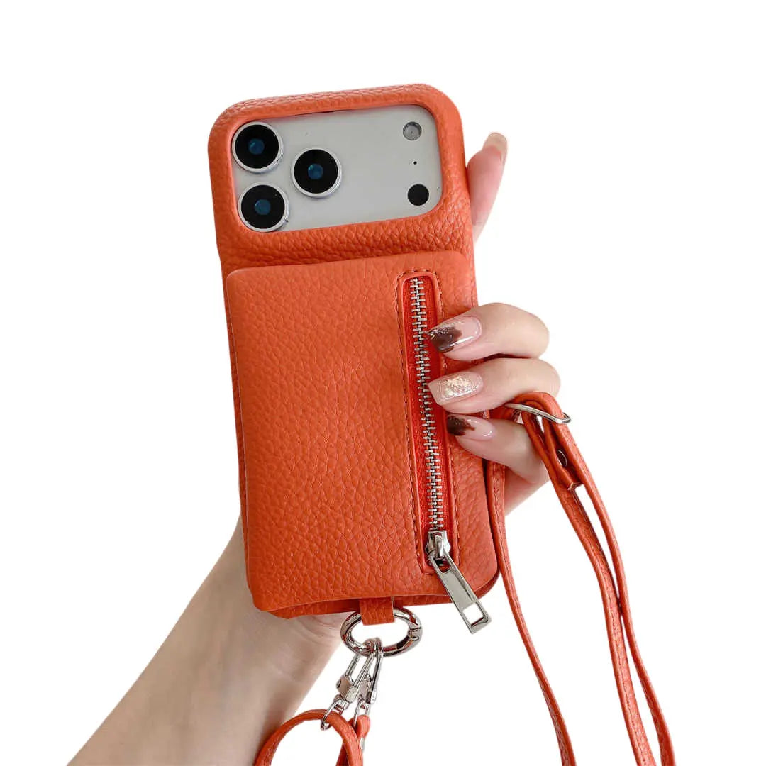 Orange phone case with zipper and wrist strap held by a hand on a white background