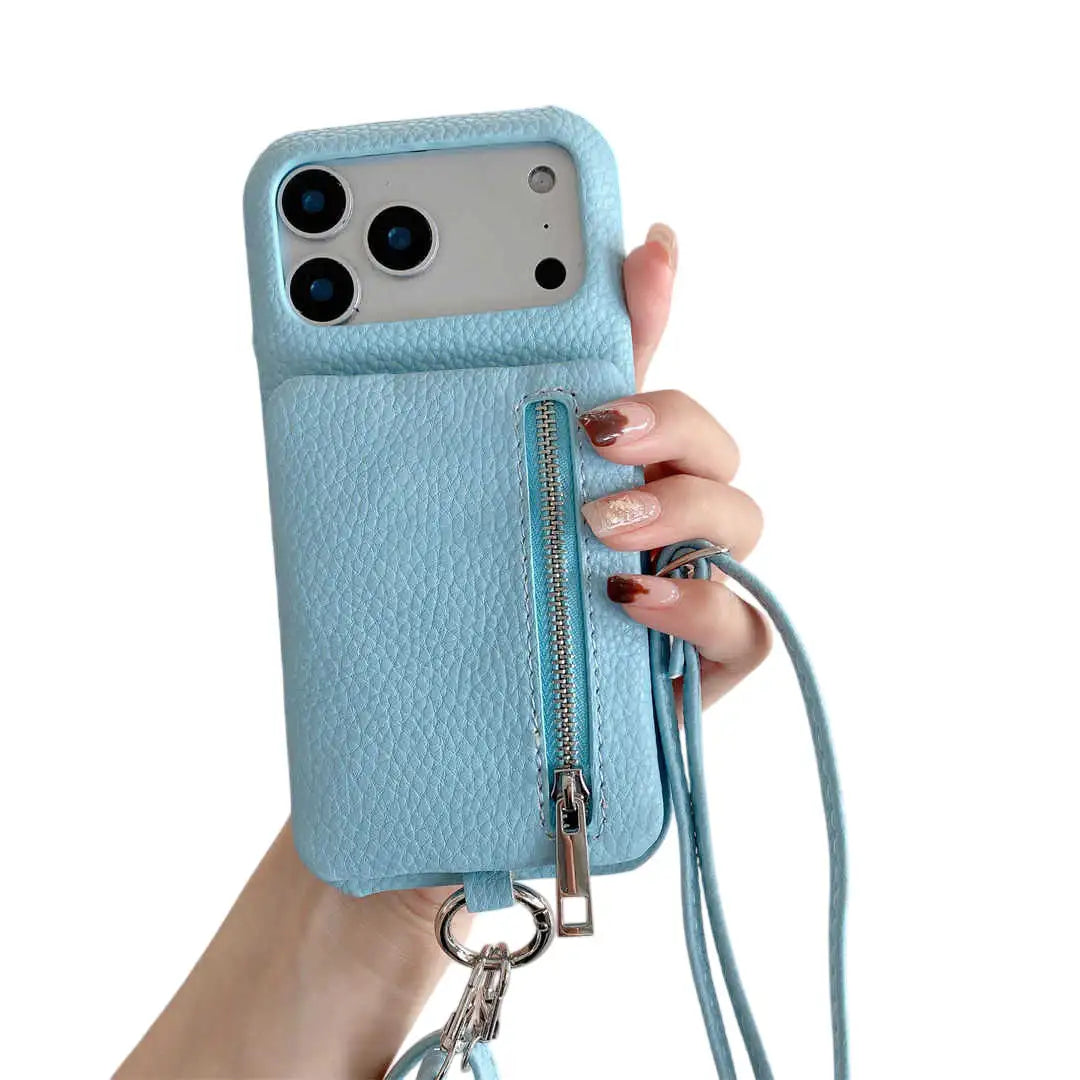 Light blue phone case with a zipper and lanyard held by a hand on a white background