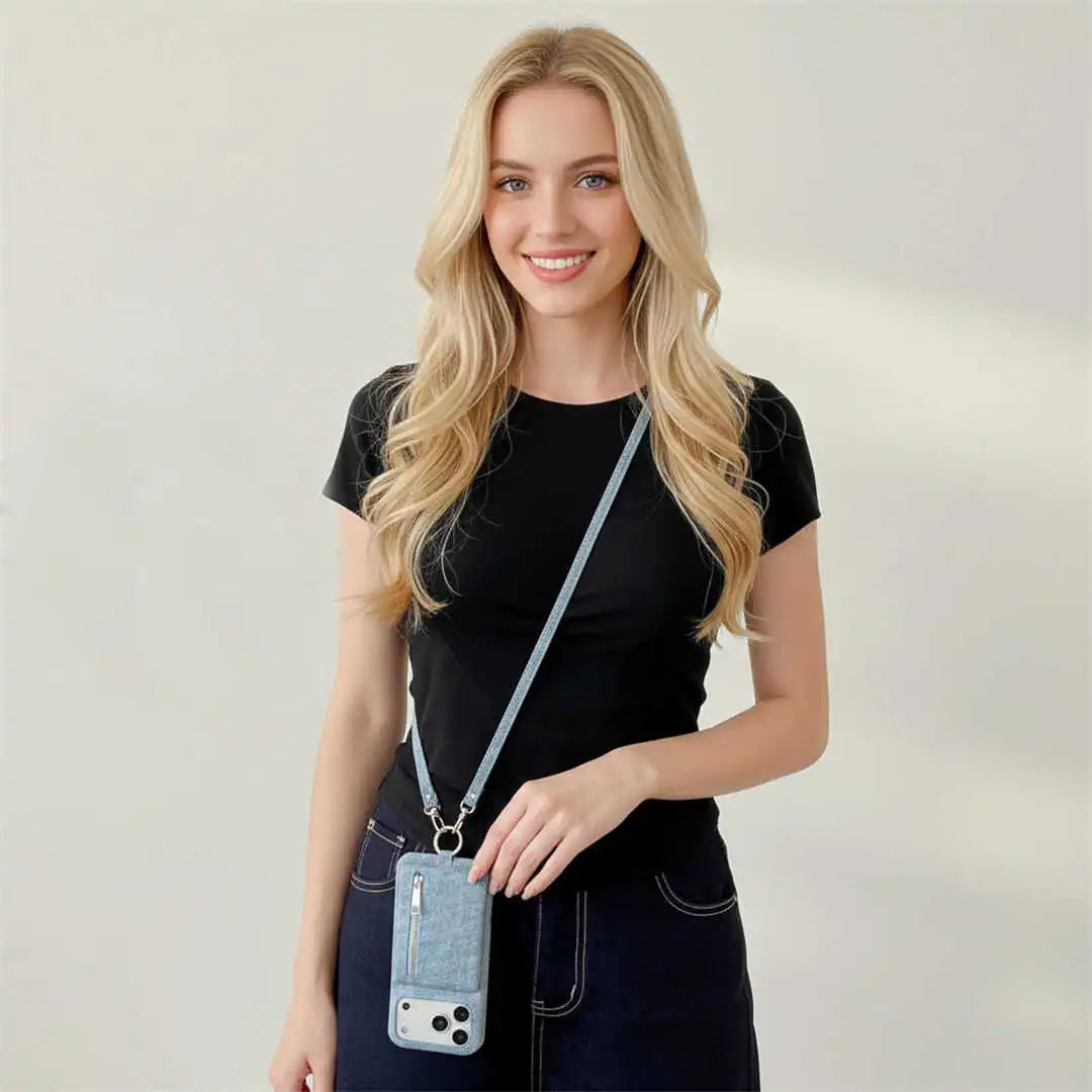 Woman holding a denim phone case with a plain background