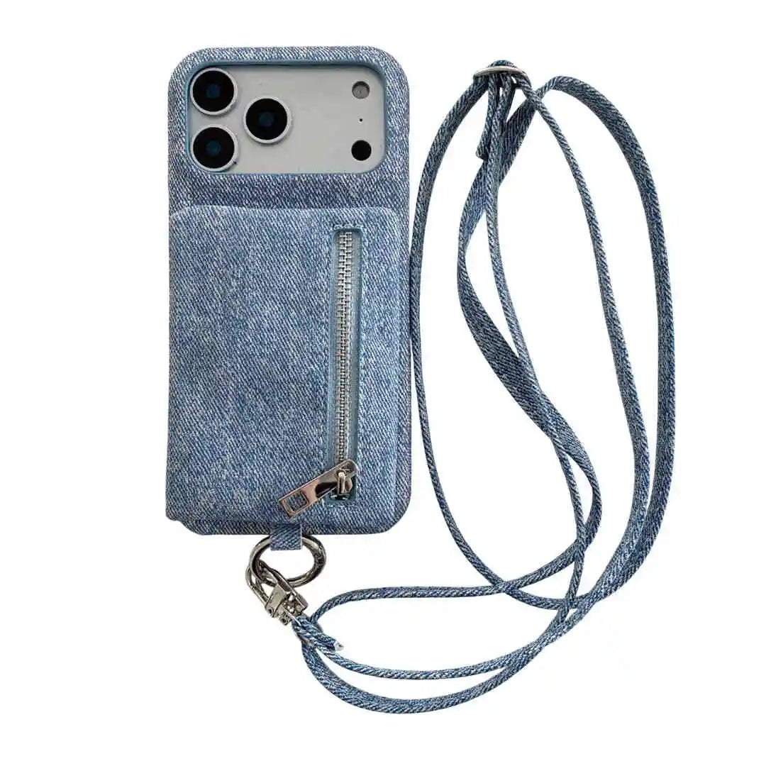 Blue denim-style phone case with a zipper wallet and crossbody strap on a white background
