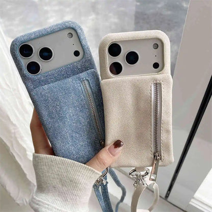 Two phone cases with zipper wallet, one blue and one beige, held by a hand.