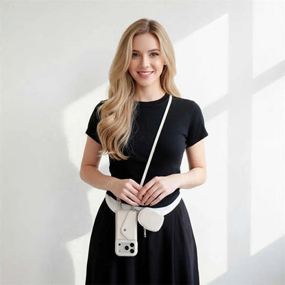 Woman wearing a white crossbody phone with a phone case and pouch on a light gray background