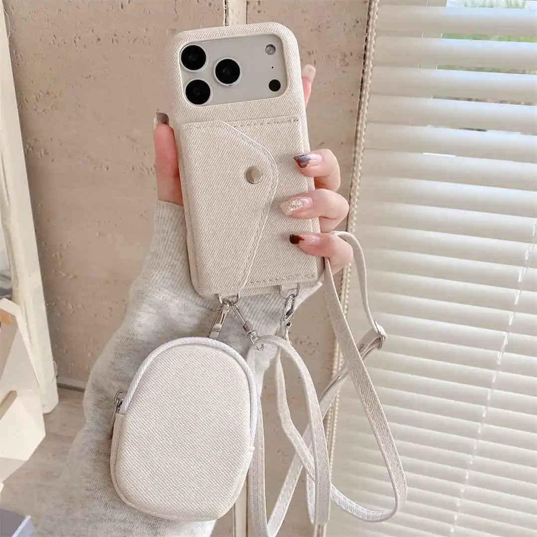 Person holding a beige phone case with a matching pouch on a crossbody strap