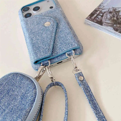 Blue denim-style phone case with a strap and mini pouch on a light background