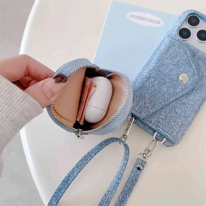 Denim phone case with a small pouch and crossbody strap
