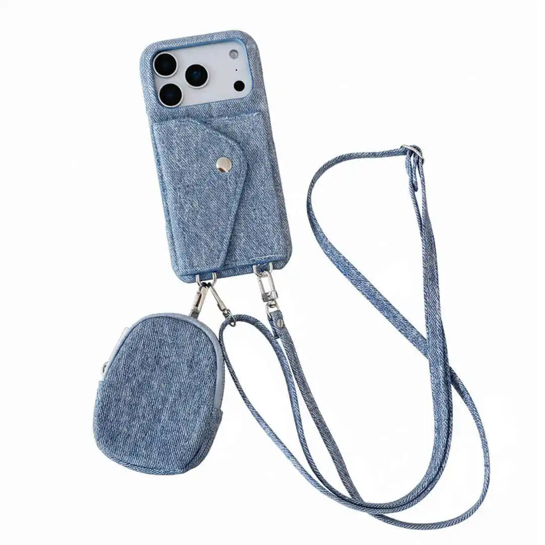 Blue denim crossbody phone case with attached lanyard on a white background