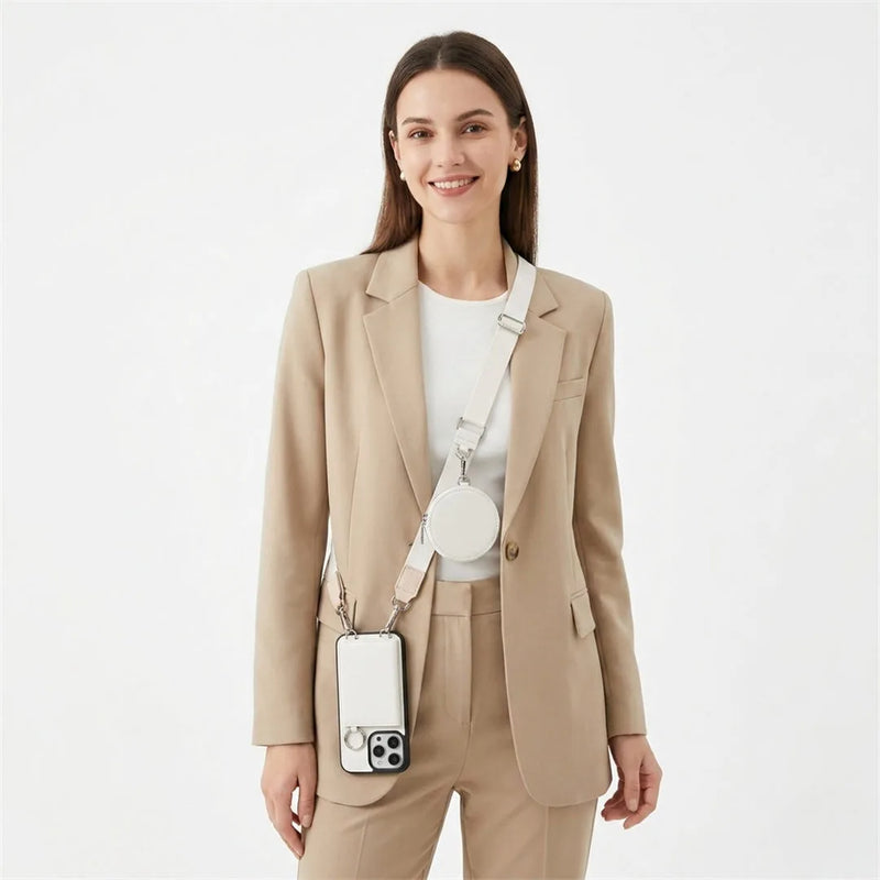 Woman wearing a beige suit with a crossbody phone case on a white background