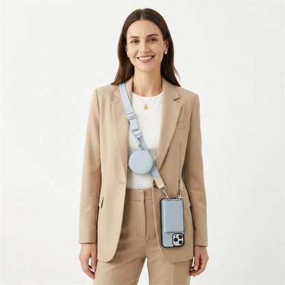 Woman wearing a beige suit with a crossbody wallet phone case combo on a white background