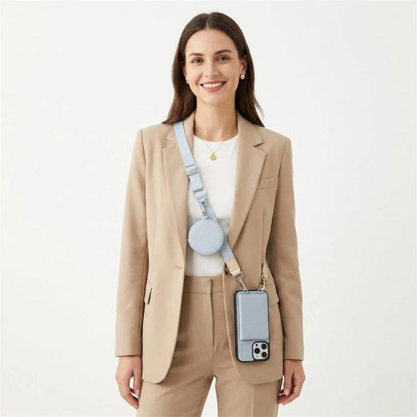 Woman wearing a beige suit with a crossbody wallet phone case combo on a white background