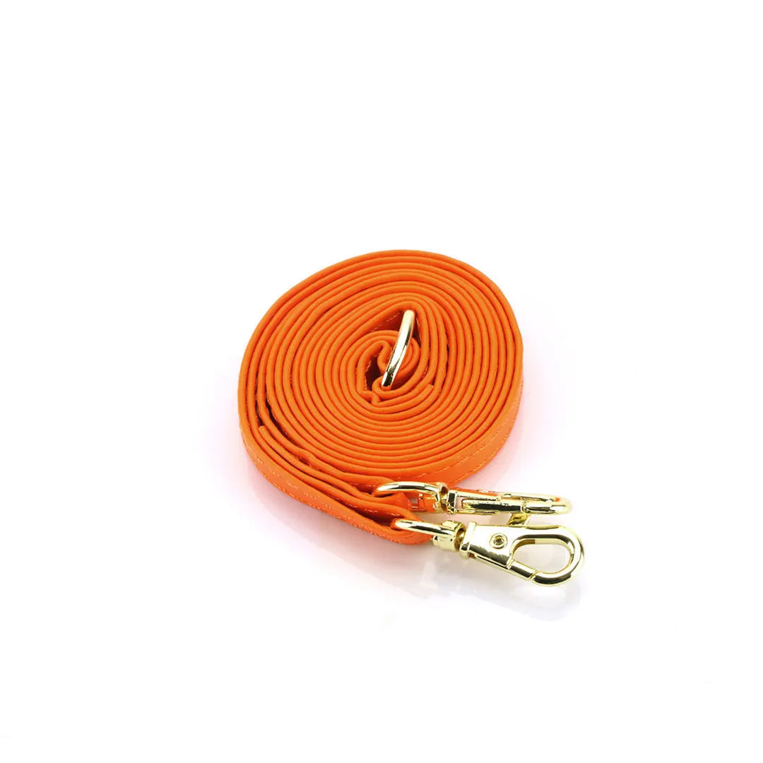 Orange lanyard with gold clips on a white background