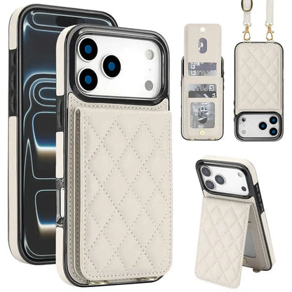 White quilted phone case with card holder and lanyard attachment on a white background