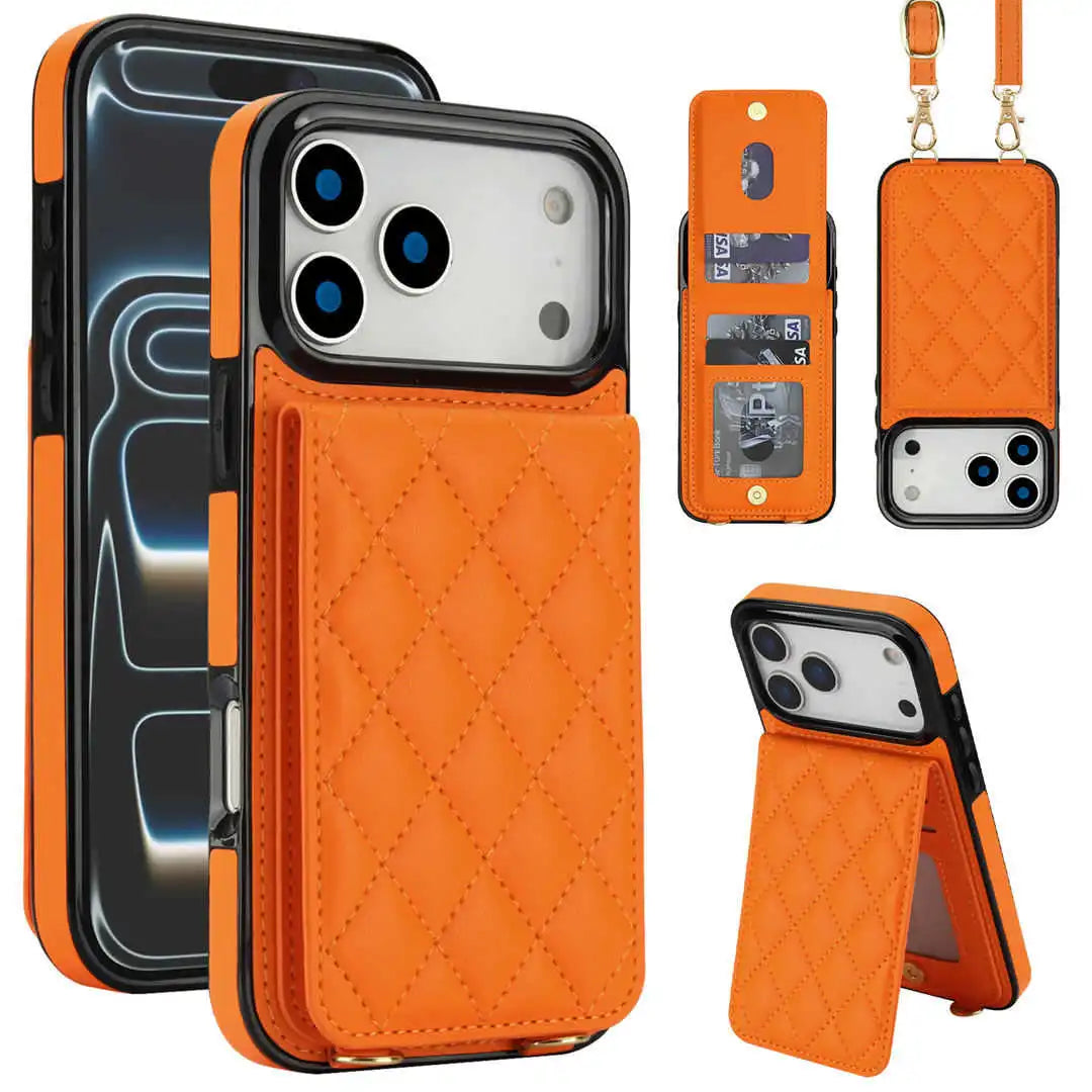 Orange wallet phone case with multiple angles and features on a white background