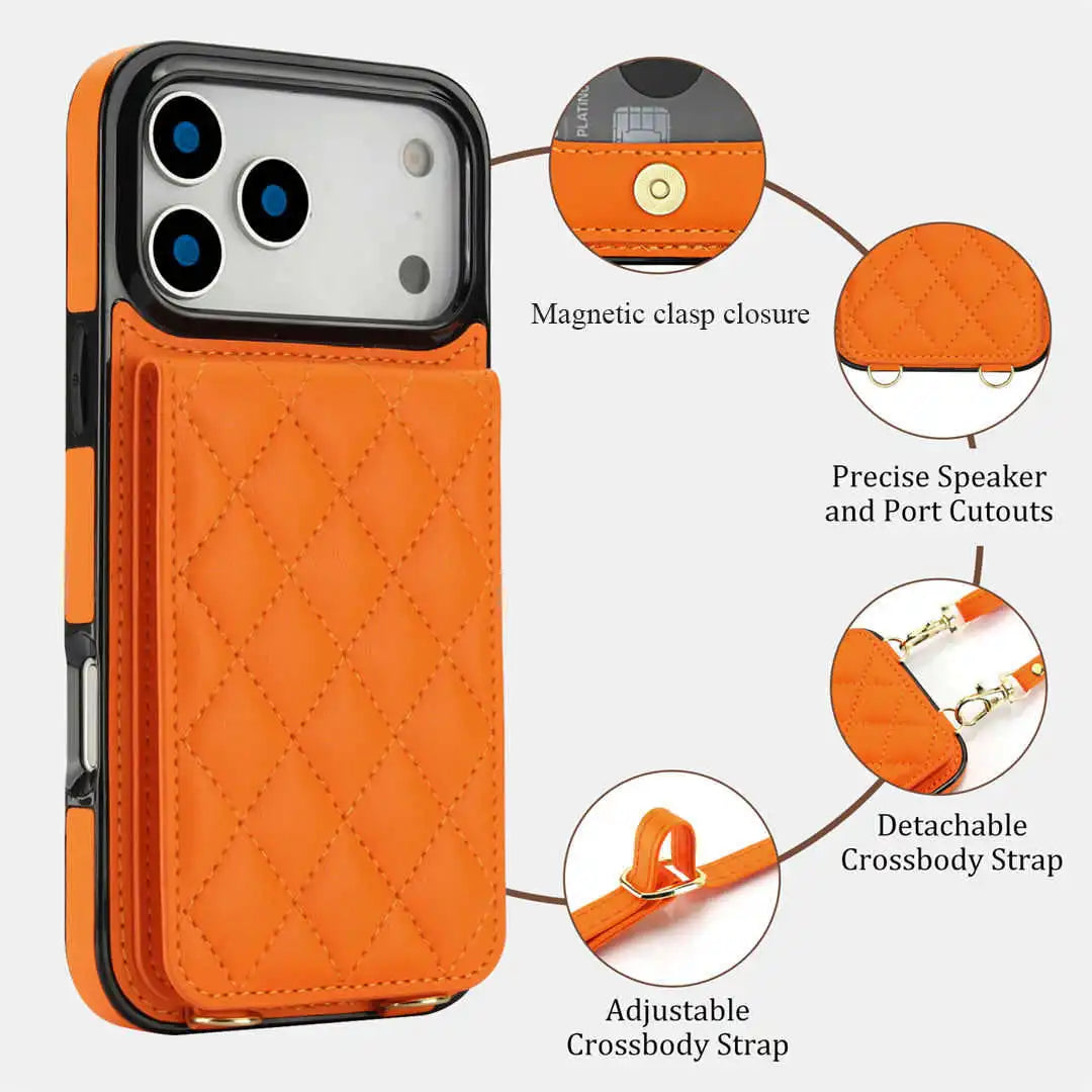 Orange wallet phone case with features highlighted on a white background