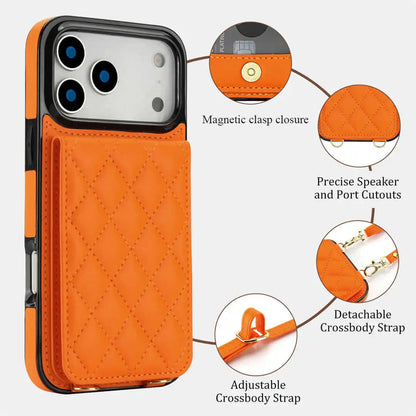 Orange wallet phone case with features highlighted on a white background