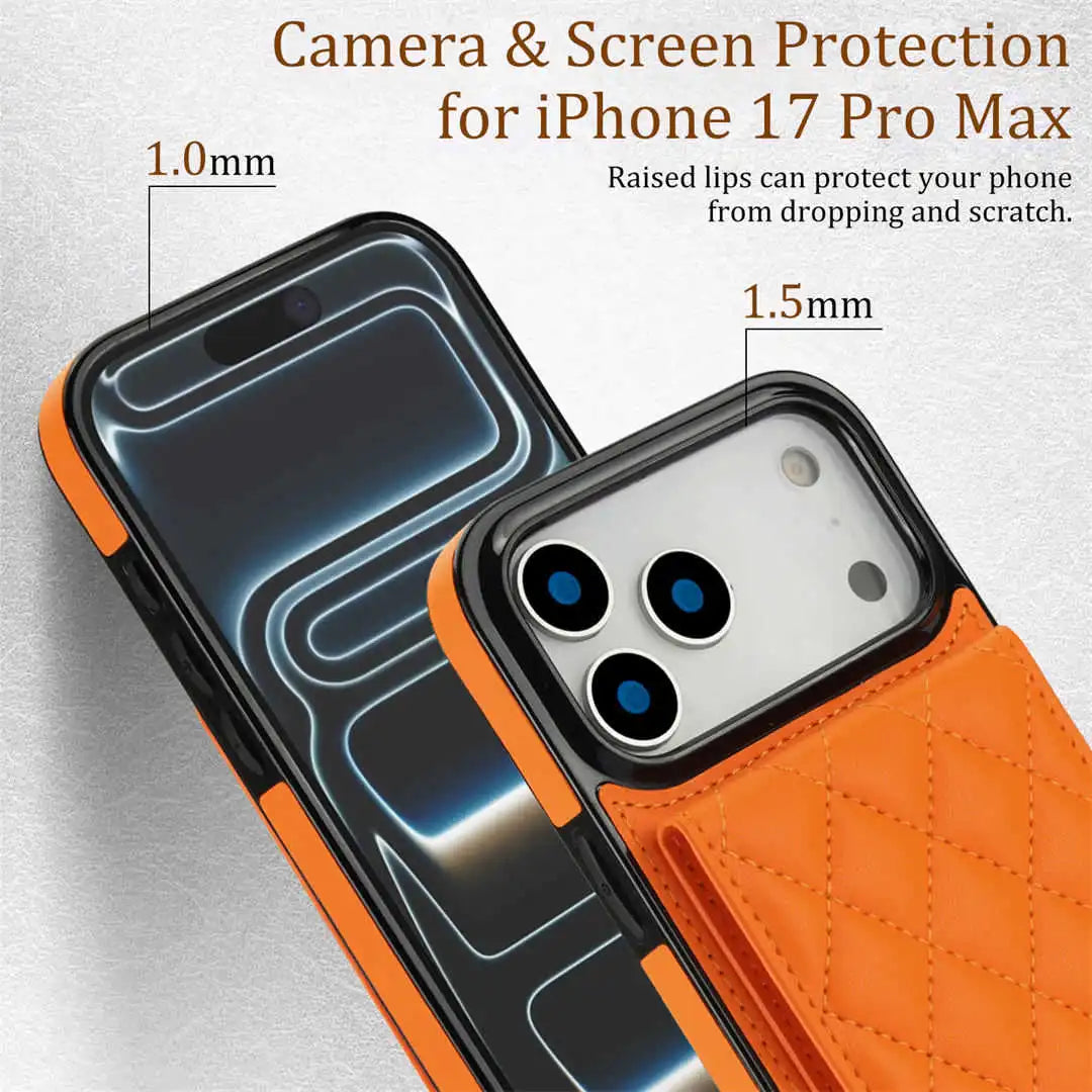 Phone case with screen and camera protection for iPhone 17 Pro Max, showing raised lips and thickness measurements.