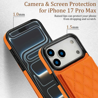 Phone case with screen and camera protection for iPhone 17 Pro Max, showing raised lips and thickness measurements.
