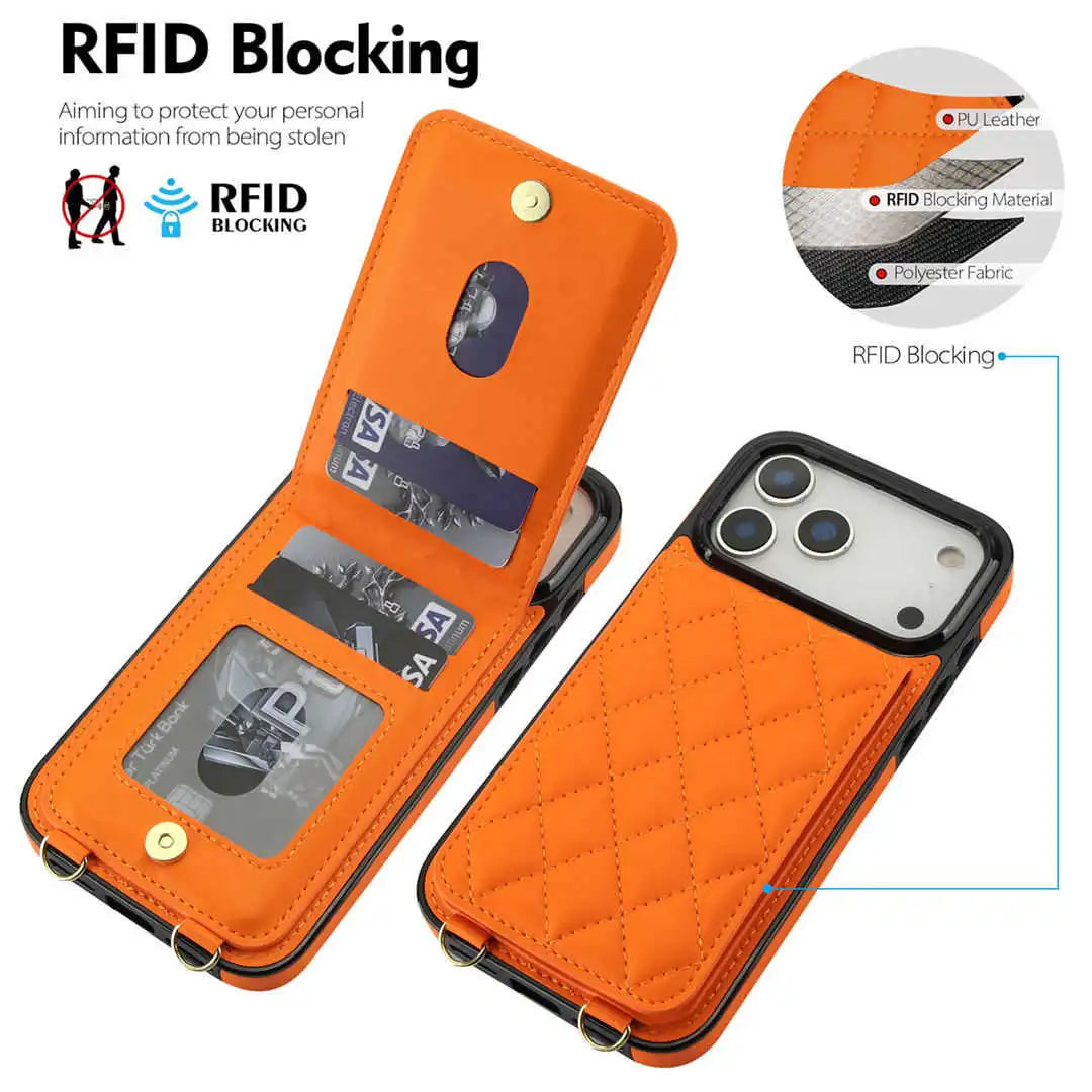 Orange wallet phone case with RFID blocking features on a white background