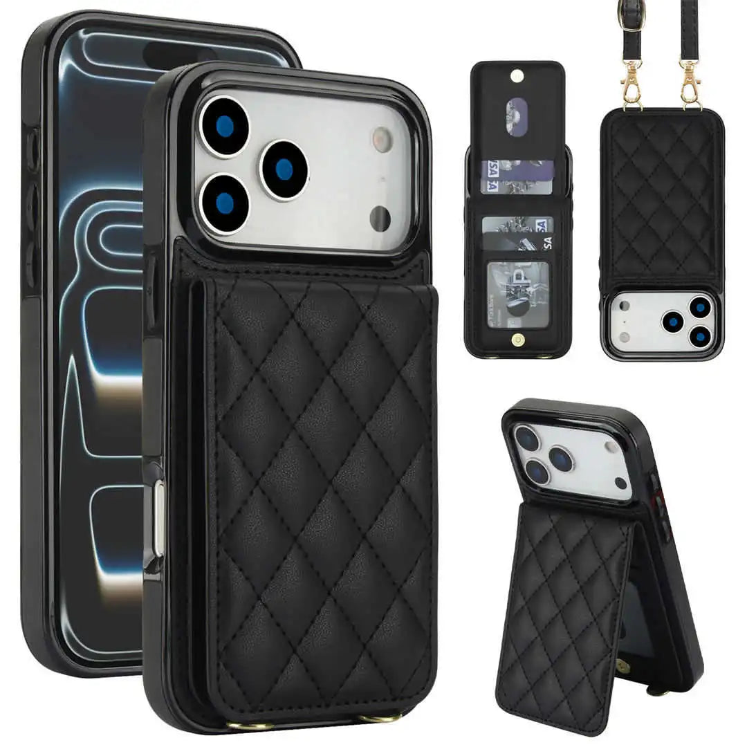 Black quilted wallet phone case with multiple angles and features displayed