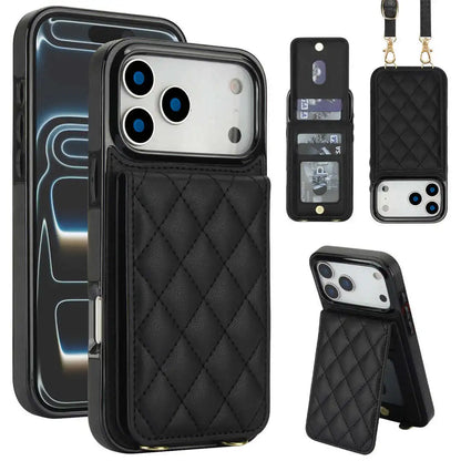 Black quilted wallet phone case with multiple angles and features displayed