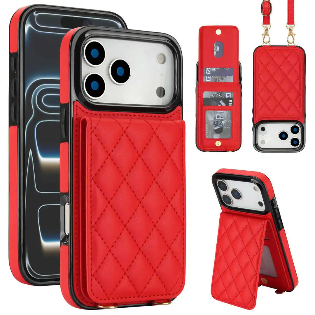 Red quilted phone case with stand and card holder on a white background