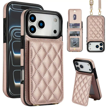 Quilted rose gold phone case with stand and card holder on a white background