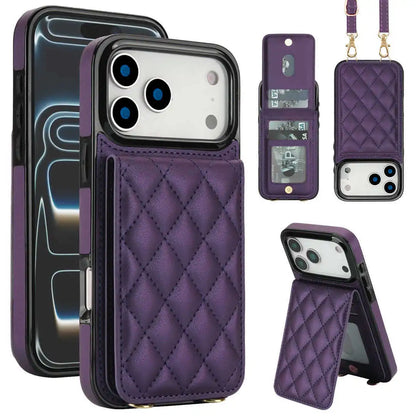 Purple quilted phone case with multiple views on a white background