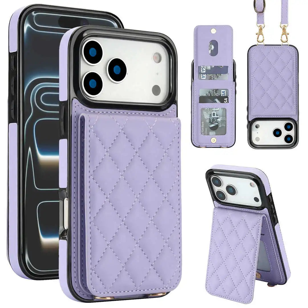 Quilted lavender phone case with card holder and stand for smartphone