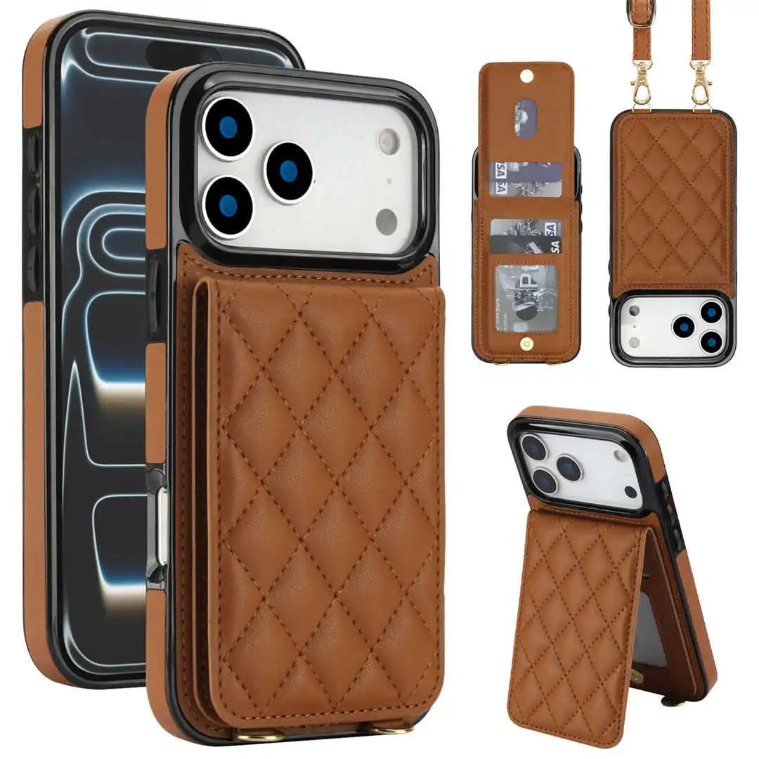 Brown quilted phone case with card slots and stand feature on a white background
