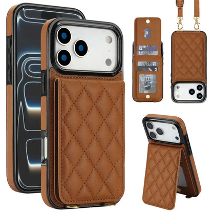 Brown quilted phone case with card slots and stand feature on a white background