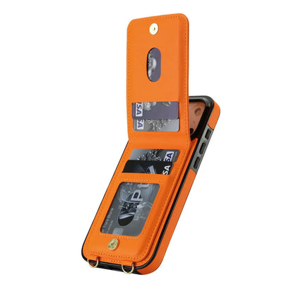 Orange phone case with card slots on a white background