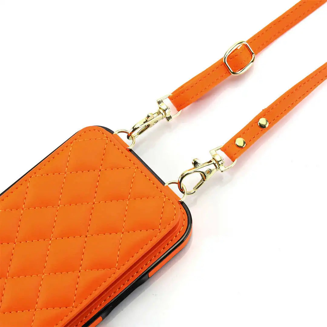 Orange quilted phone case with a strap on a white background