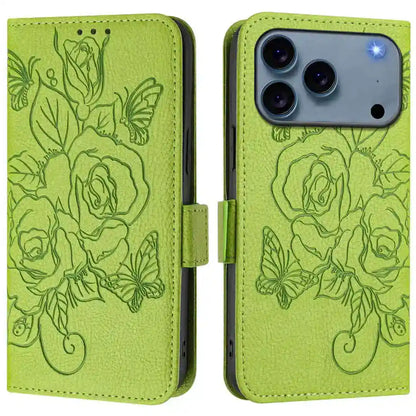 Green iPhone 17 Pro wallet case with floral and butterfly design on a white background