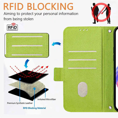 Green RFID blocking phone case with detailed diagram on a white background