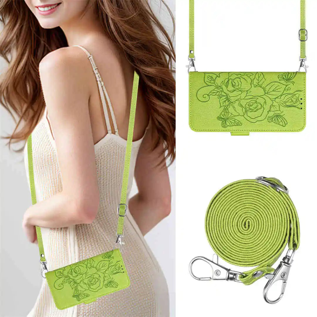 Green floral-patterned crossbody wallet case with strap and clasp on a plain background