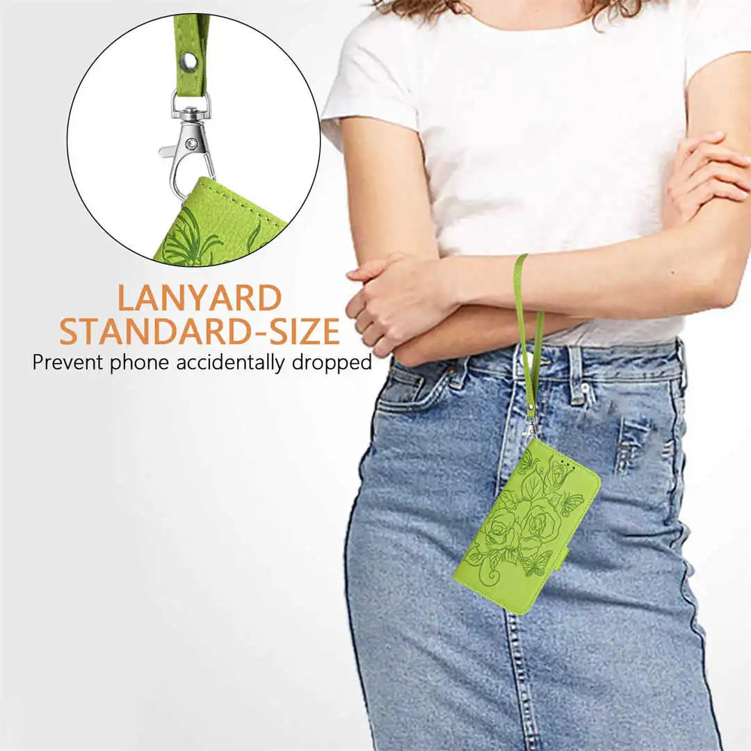 Person wearing a green lanyard with a phone holder, standing against a white background.