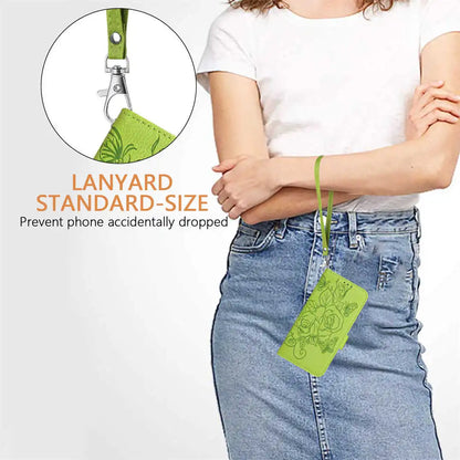 Person wearing a green lanyard with a phone holder, standing against a white background.