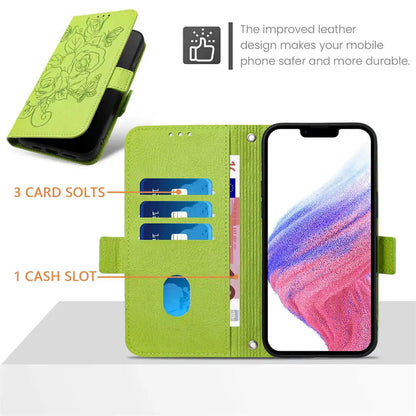 Green folio phone case with card slots and cash pocket, featuring a smartphone inside.