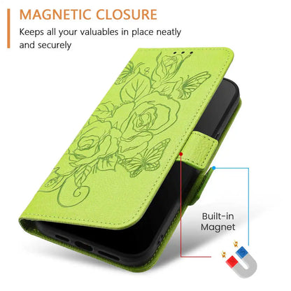 Green phone case with floral design and magnetic closure feature on a white background