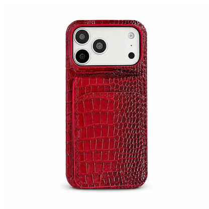 A red crocodile-embossed leather phone case with a built-in card pocket, shown on a white background.