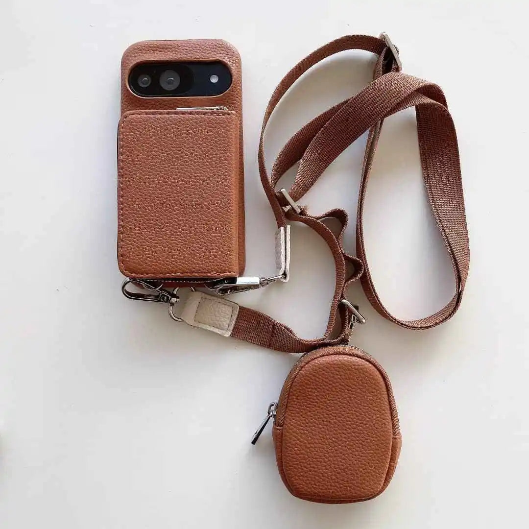 Brown leather wallet phone case with detachable strap on a white background