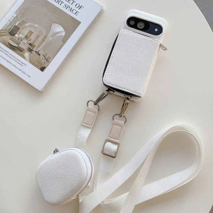 White Google Pixel wallet phone case with crossbody strap and pouch on a light surface