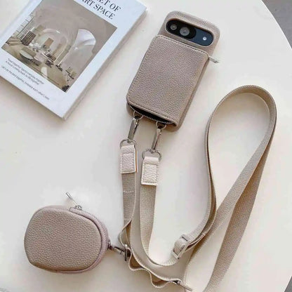 Taupe wallet phone case with attached strap and pouch on a light surface