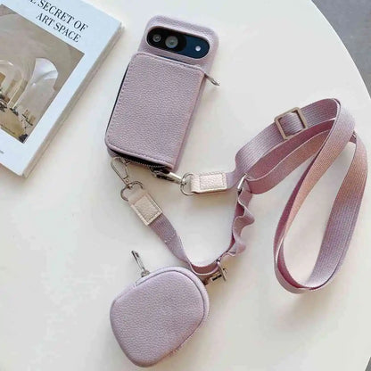 purple phone case with attached strap on and puch a white surface