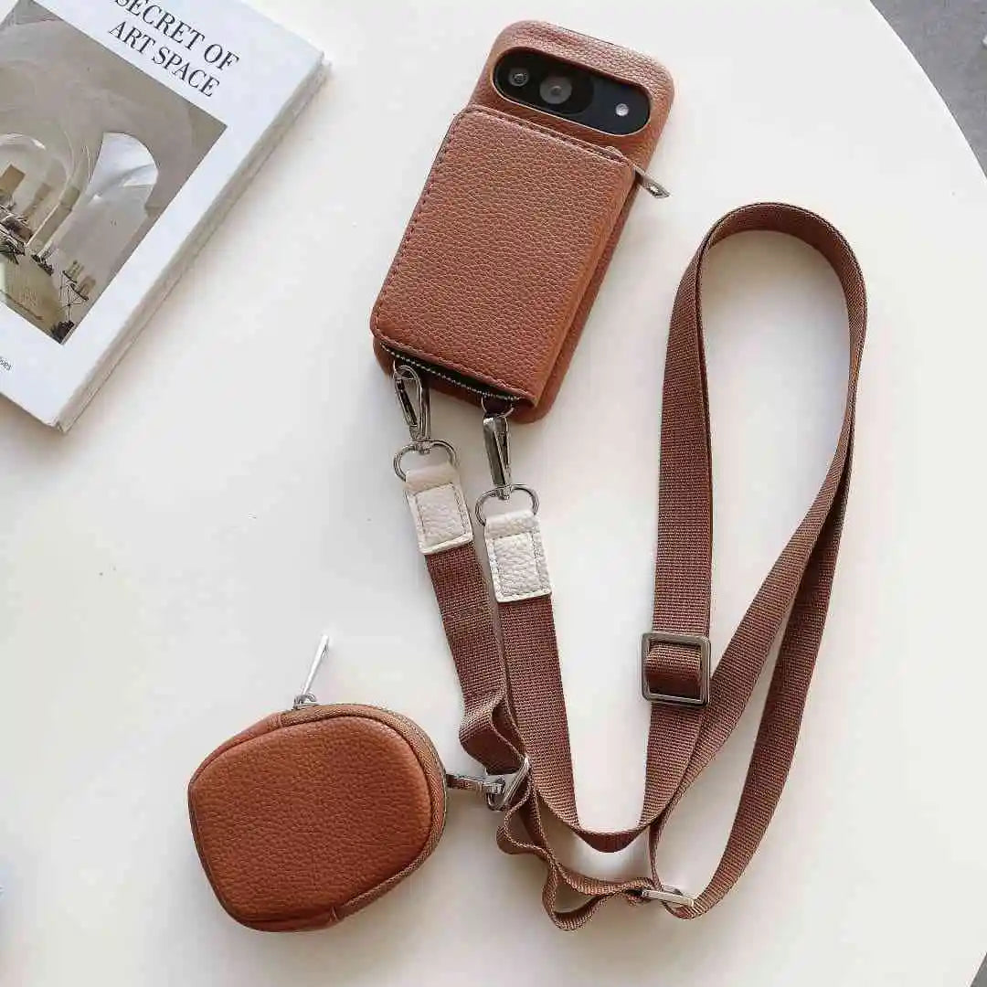 Brown wallet phone case with detachable strap and pouch on a white surface