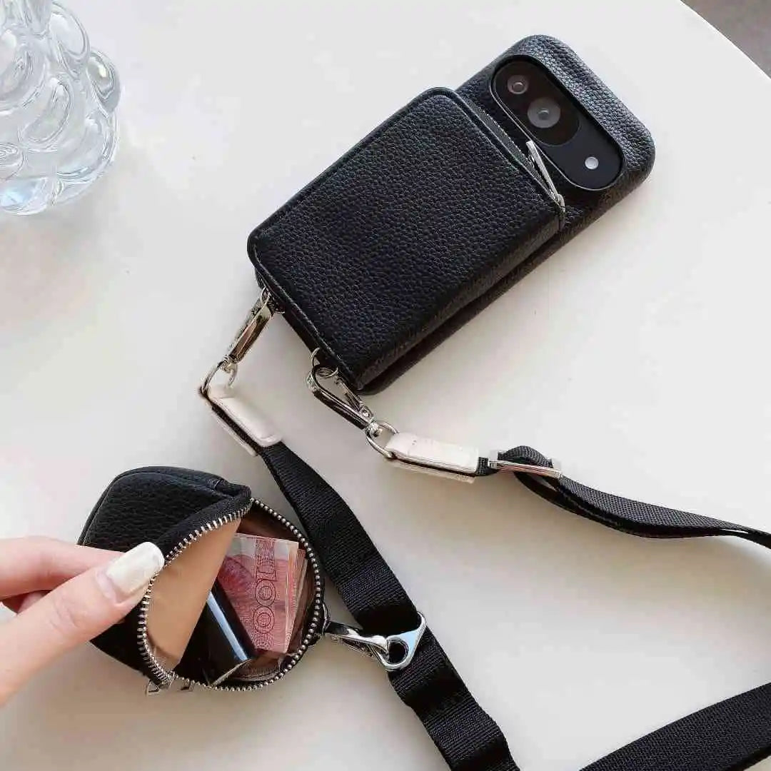 Black wallet phone case with detachable strap and pouch on a light surface