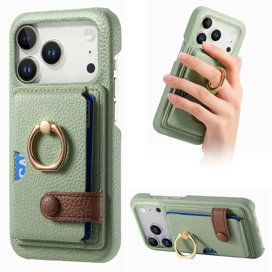 Green wallet phone case with card holder and ring stand on a white background
