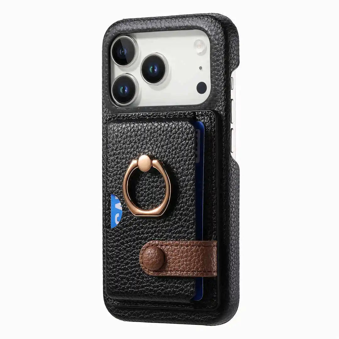 Black Phone case with card holder and ring stand on a white background